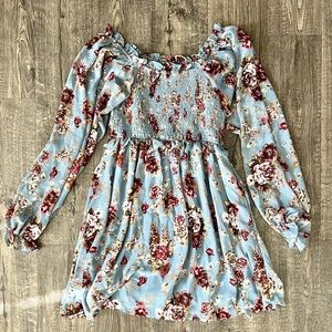 Smoked blue floral dress with sheer sleeves